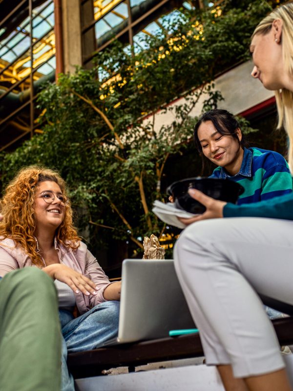 Group of student siting in campus having lunch brake.